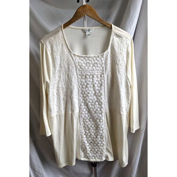 CJ BANKS Cream Embroidered Mixed Print Linen Blend Top 3/4 Sleeve Size 3X - Picture 1 of 6